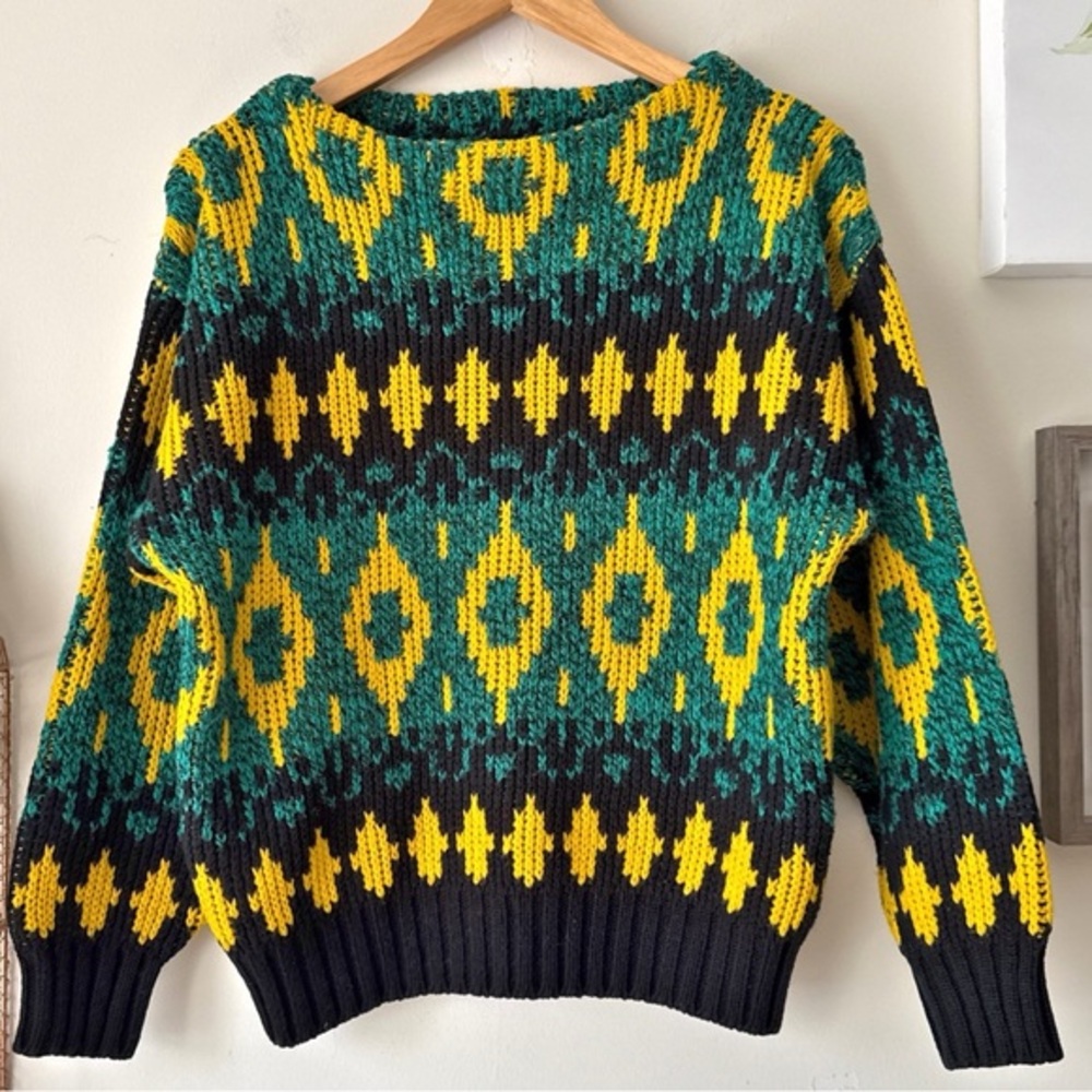 Vintage 80s 90s Grandpa Sweater Chunky Knit Oversized Pullover Colorful Size M - Picture 3 of 12